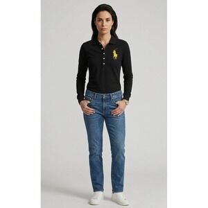 Polo Ralph Lauren Big Pony Vtg Long Sleeve Polo Shirt Black Yellow Logo Womens L